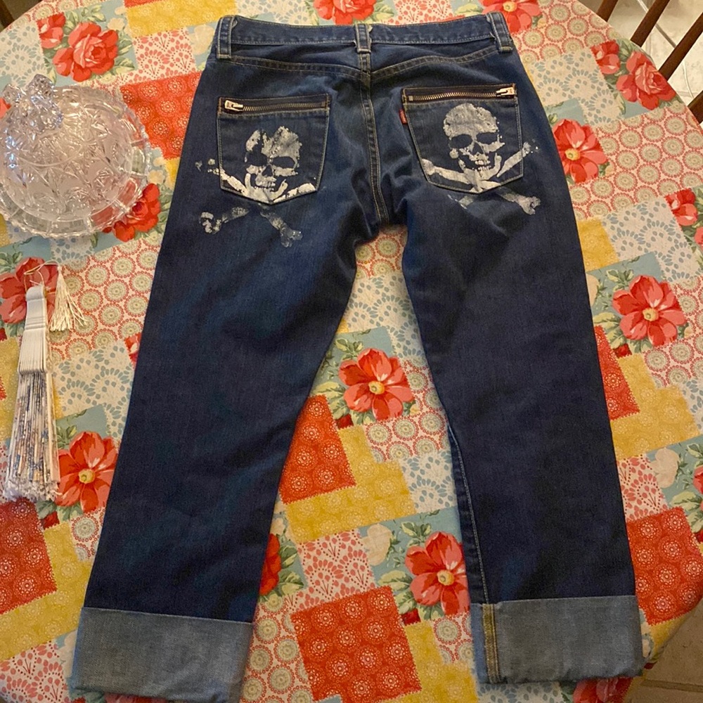 Repurposed Levi’s skull rockabilly cuffed capris jeans.